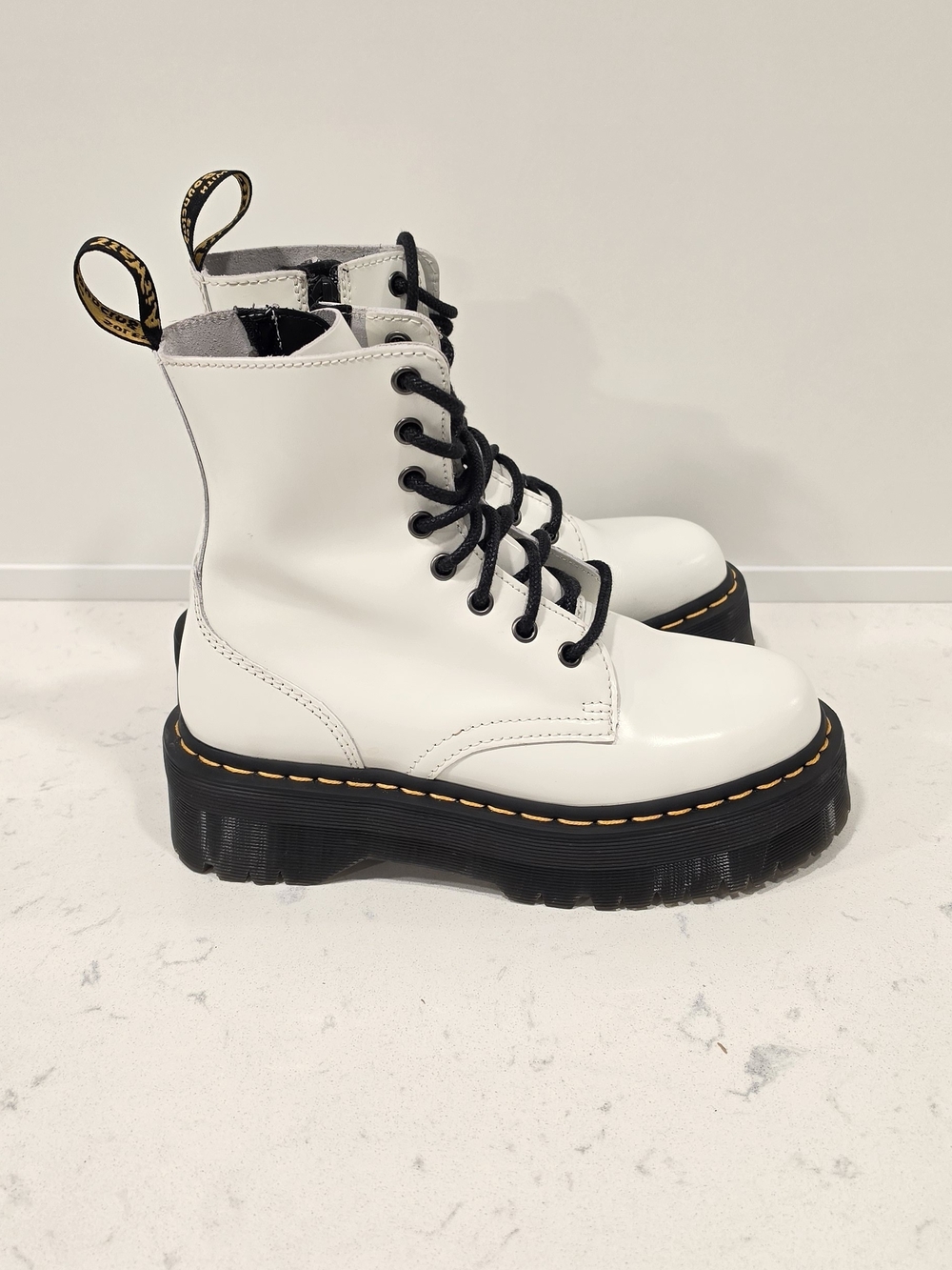 Dr. Martens Jadon White Leather Lace-Up Platform Boots with Black Sole